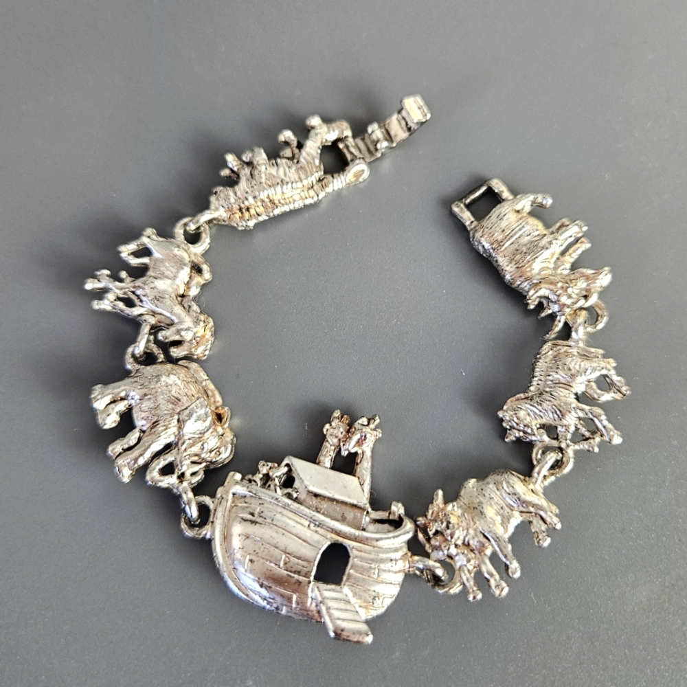 Biblical Silver Bracelet with Ark and Animals